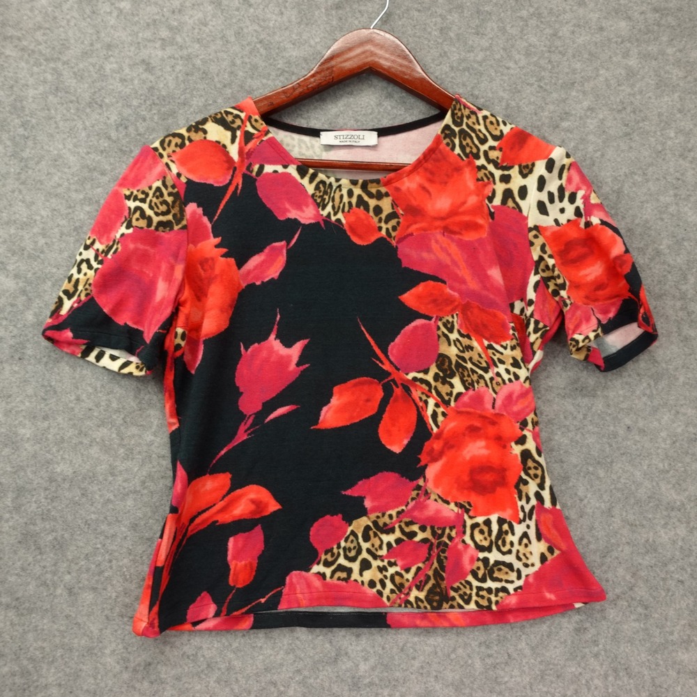 Italian Y2K Crop Top Womens M Red Rose Leopard STIZZOLI Luxury Glam Grunge Bold